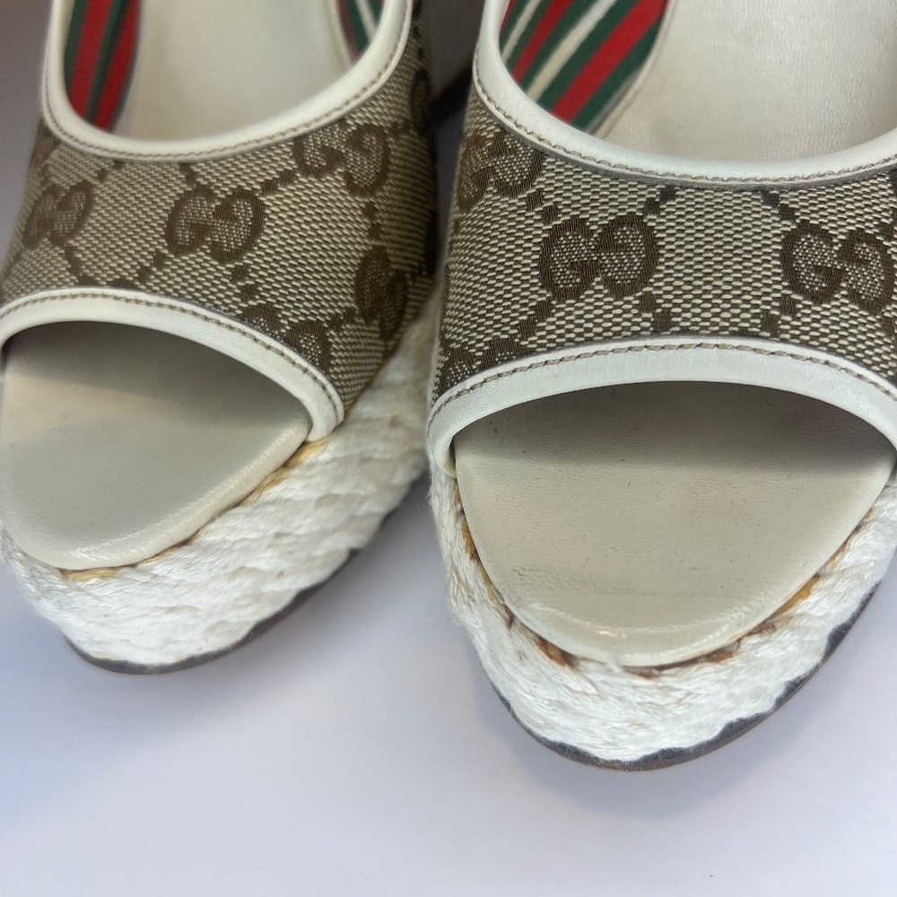 Gucci Beige/White GG Canvas Ankle Strap Wedge Sandals - Picture 3 of 12